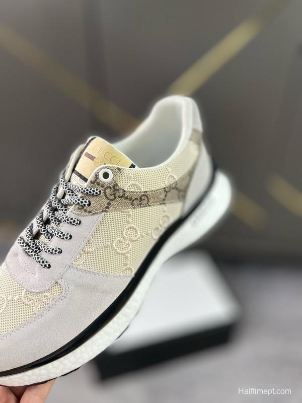 2024 Men Gucci Beige Brown Canvas Leather Sneakers MJ00260