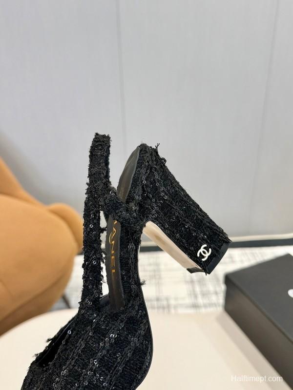 2025 Women Chanel Black Fabric Leather Slingback Heels