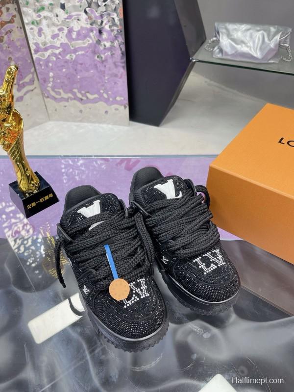 2024 Kids Louis Vuitton Black Rhinestone Fabric LV Trainer