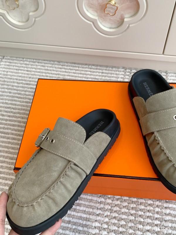 2025 Women Hermès Grey Suede Mule Shoe KFY00290