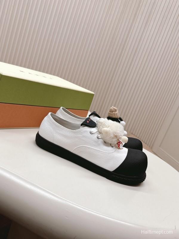 2025 Women Marni White Black Leather Casual Sneakers LY00250F