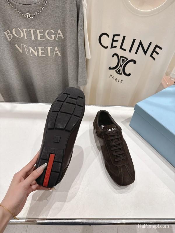2025 Women Prada Brown Suede Lace-Up Sneakers