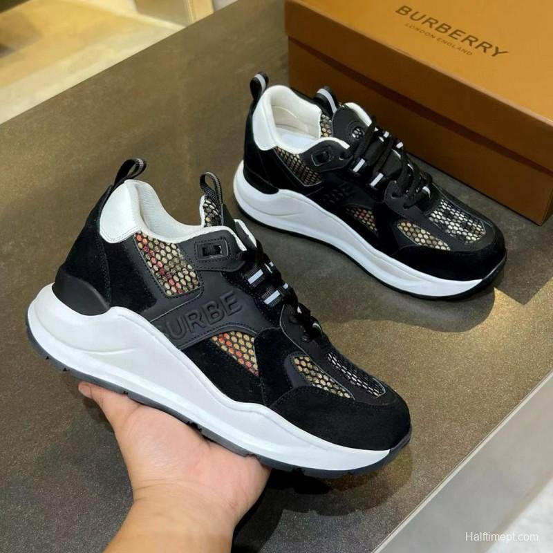 2025 Unisex Burberry Black White Suede Leather Cotton Sneakers Vintage MJ00380