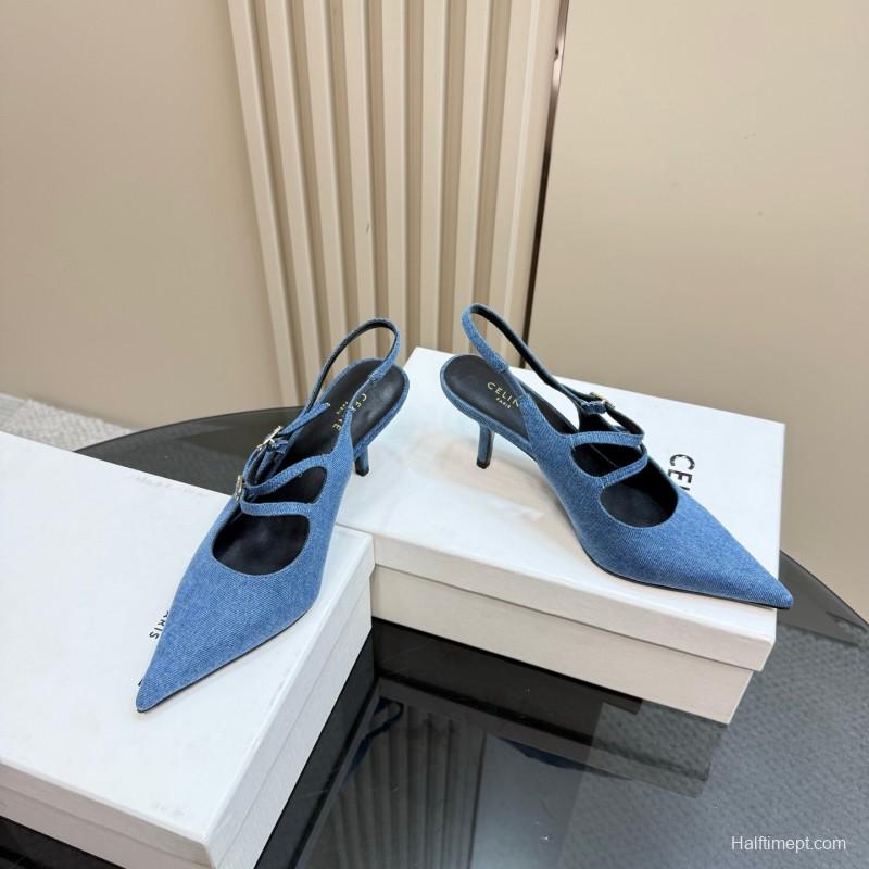 2025 Women CELINE Blue Denim Leather Pointed Toe Slingback Heels KFY00290