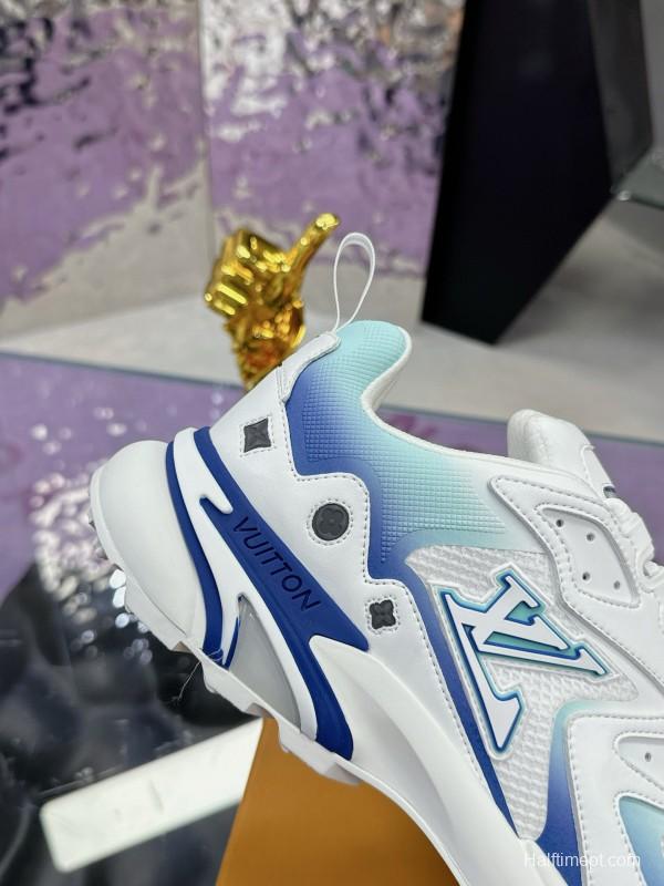 2025 Men Louis Vuitton Blue White Mesh Leather Sneakers MJ00420