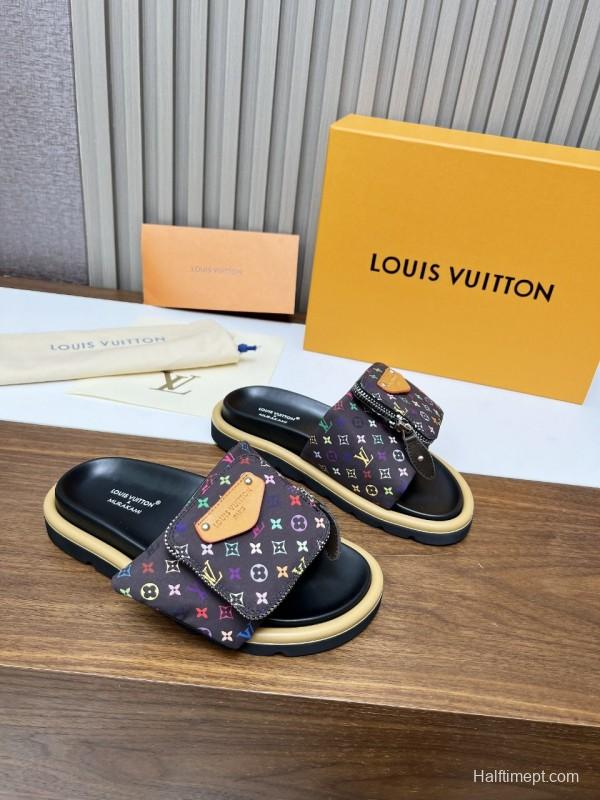2025 Unisex Louis Vuitton Multicolor Leather Slippers KFY00230