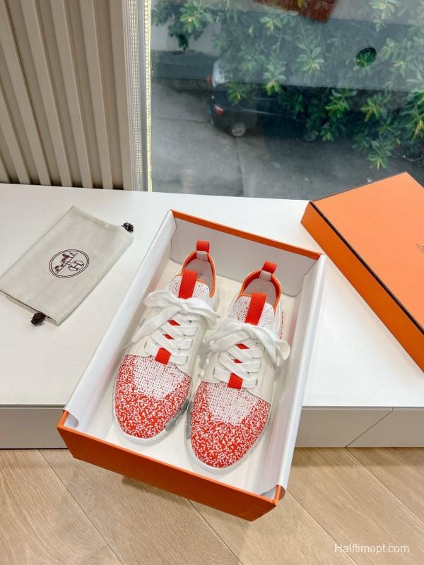 2024 Unisex Hermès white orange leather knit sneakers