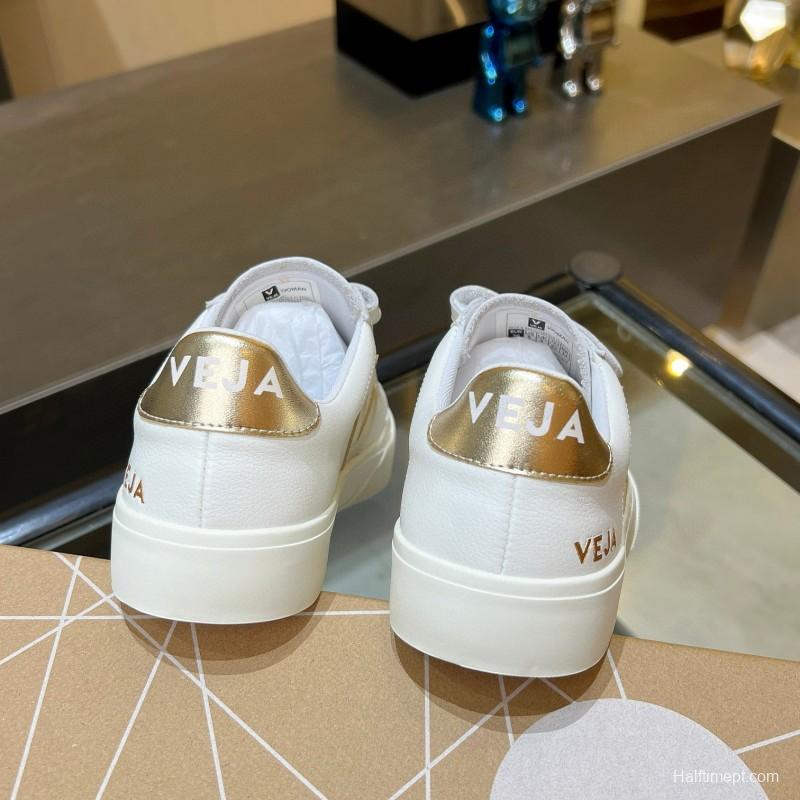 2025 Women VEJA White Gold Leather Strap Sneakers