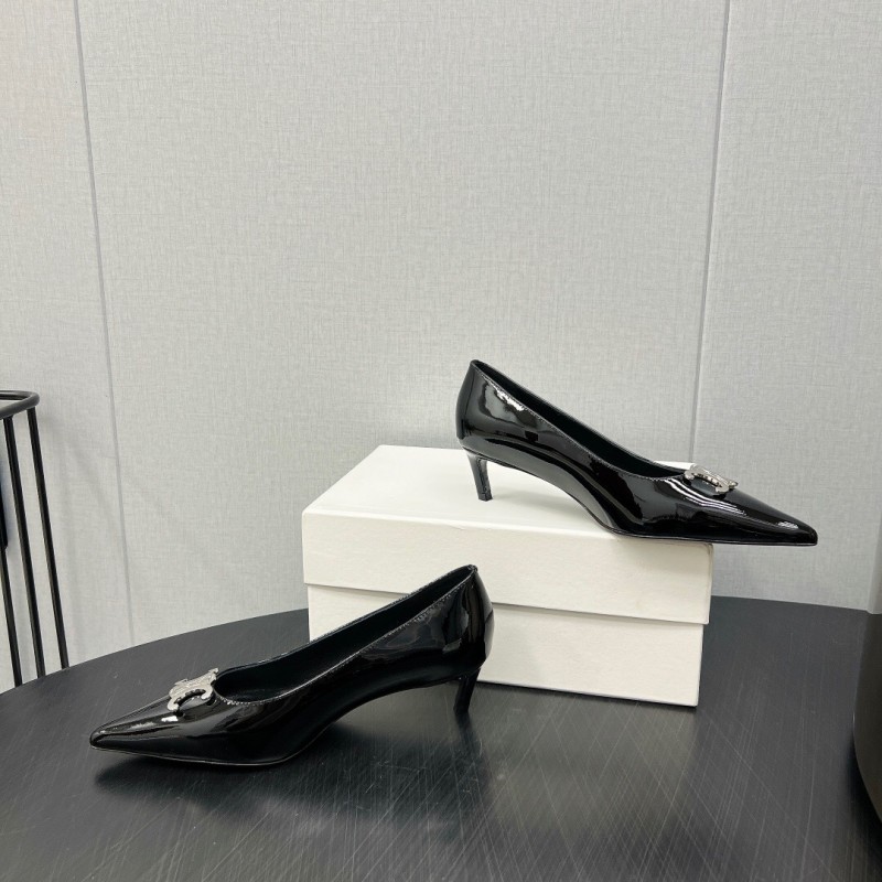 2025 Women Celine Black Patent Leather Pointed Toe Buckle Pumps KFY00290
