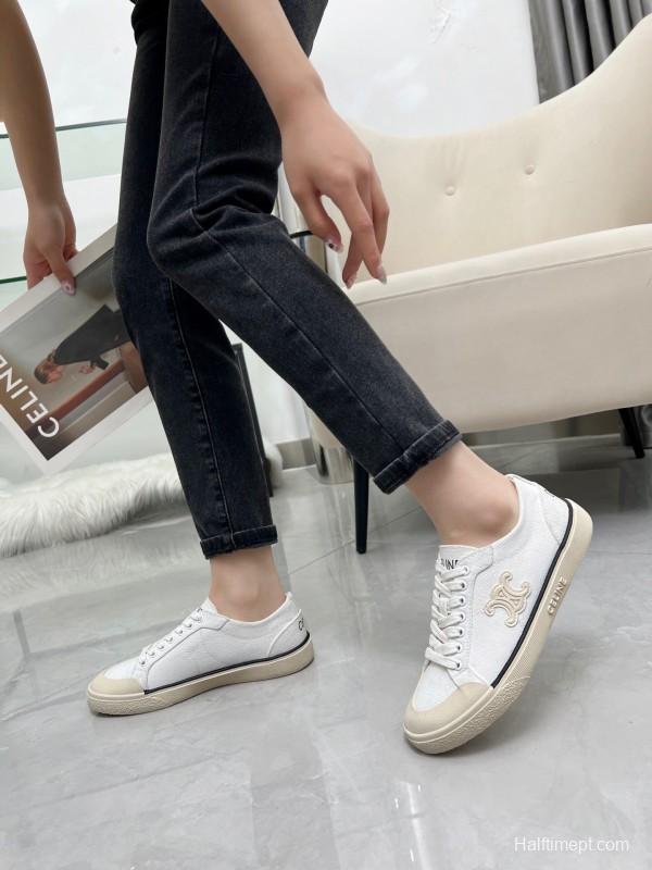 2025 Women Celine White Canvas Leather Low Top Sneakers LY00210