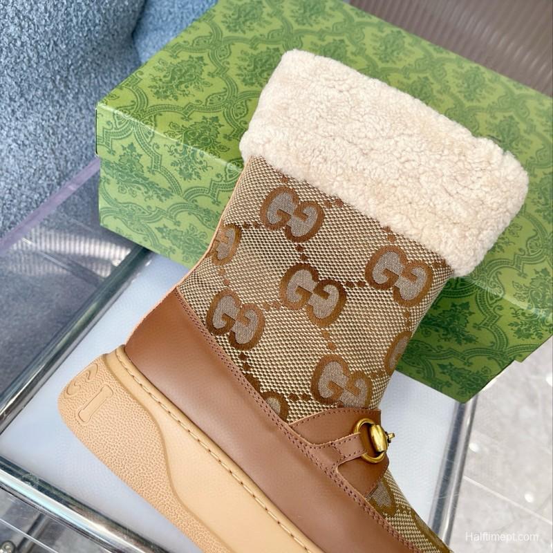 2024 Women Gucci brown leather sheep wool snow boots MJ00420