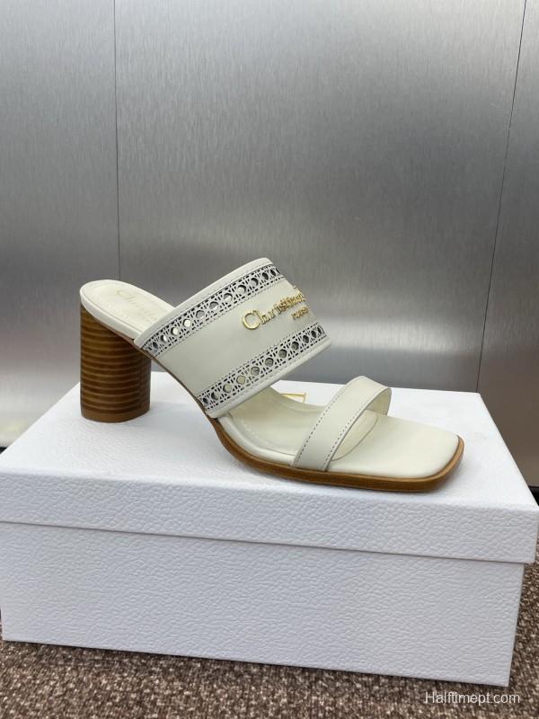 2025 Women Dior White Leather Slide Sandals