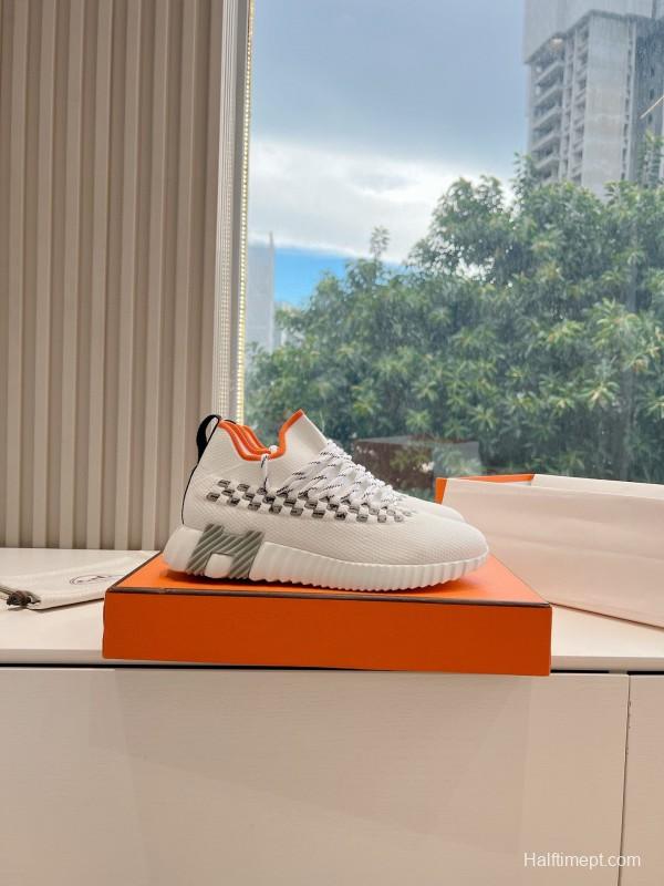 2024 Unisex Hermès White Grey Orange Calfskin Suede Knit Sneakers MJ00290(F/M)