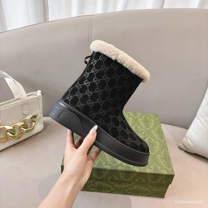 2024 Women Gucci Black Suede Wool Snow Boots MJ00350
