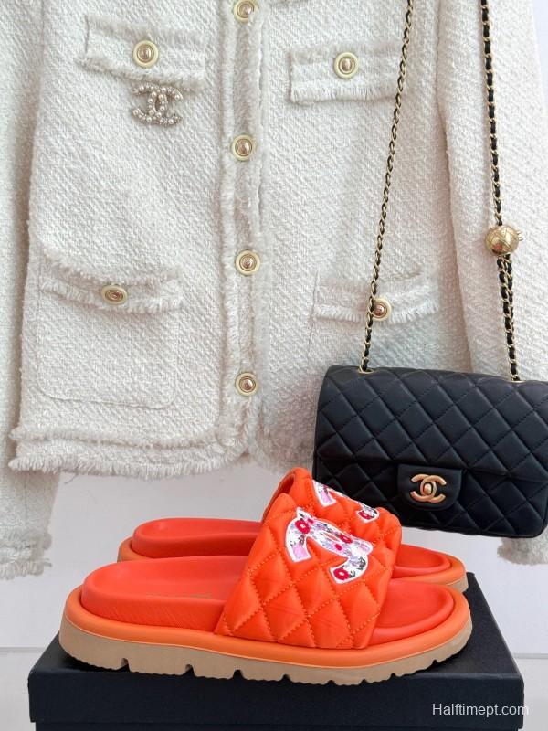 2025 Slippers Chanel Orange Leather Slippers KFY00260