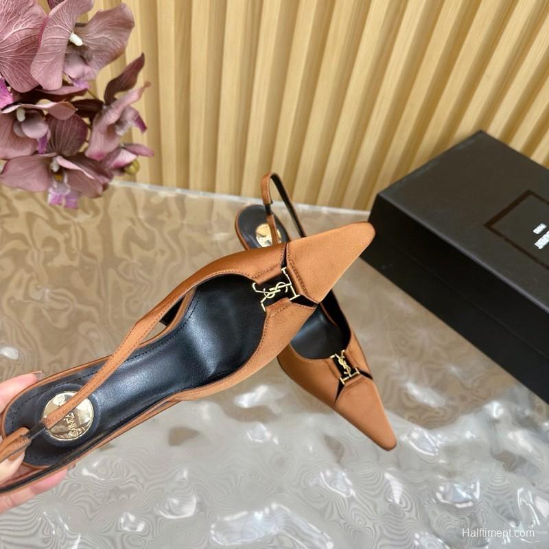 2025 Women Yves Saint Laurent Brown Leather Slingback Pumps MJ00300