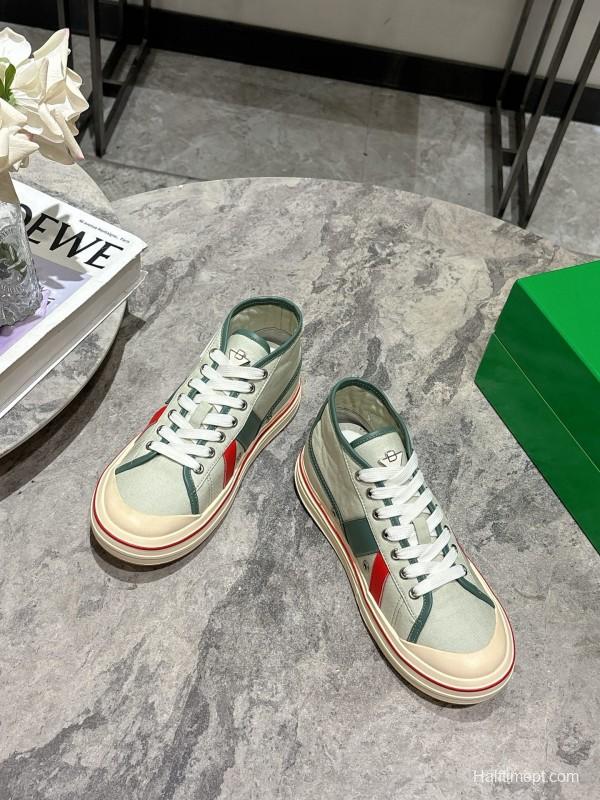 2025 Women Bottega Veneta Green White Red Canvas Leather High Top Sneakers