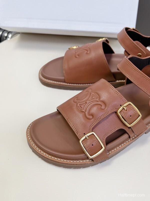 2025 Women Celine Light Brown Leather Sandals KFY00280