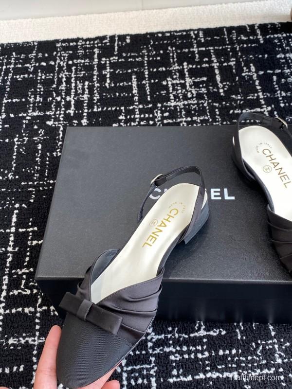 2025 Women Chanel Black Satin Silk Leather Sandals Bow KFY00289