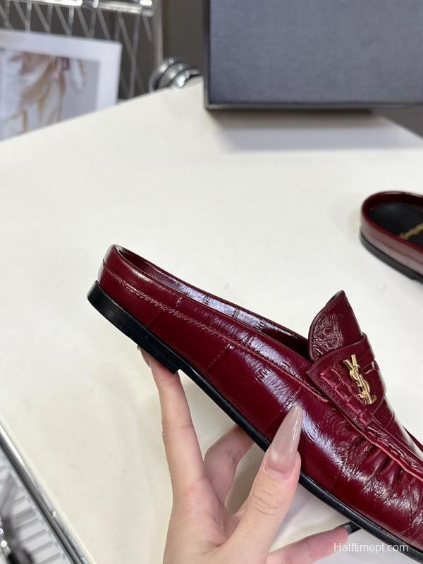 2025 Women Yves Saint Laurent Burgundy Leather Loafers