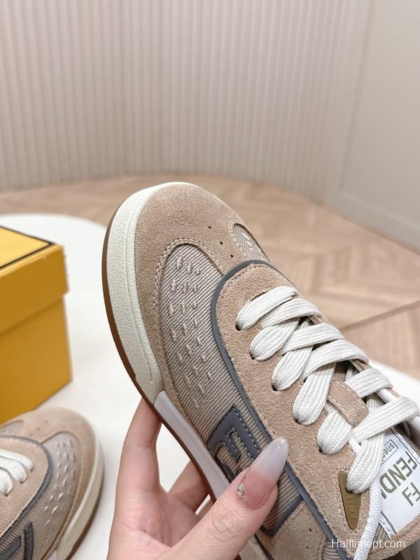 2025 Unisex Fendi Beige Light Brown Leather Suede Plimsolls FF Logo LY00350(F)/LY00360(M)