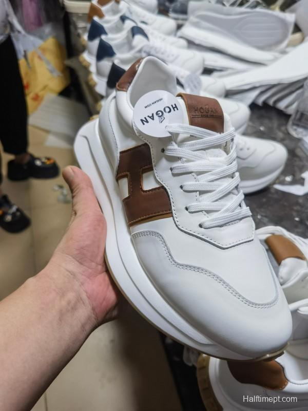 2025 Unisex HOGAN White Blue Brown Leather Sneakers H-STRIPES LY00360(F)/LY00370(M)