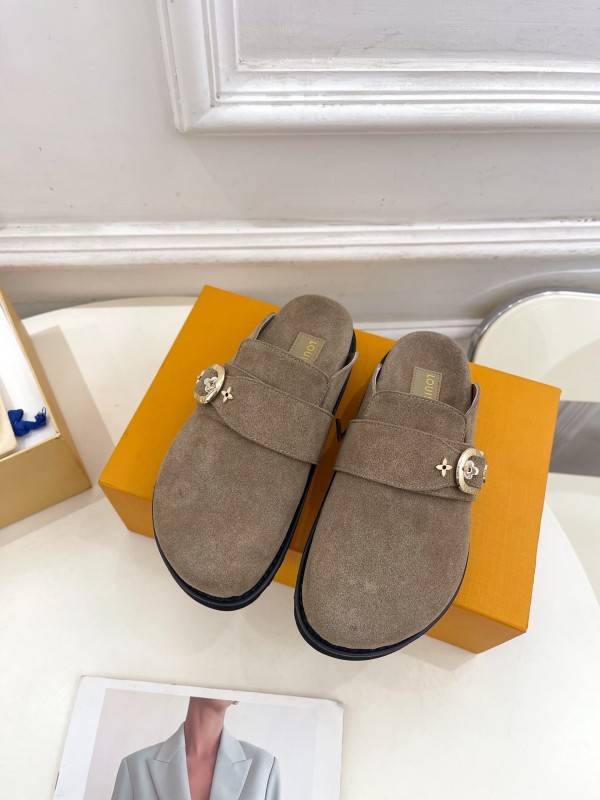2025 Women Louis Vuitton Brown Suede Slippers Flower Buckle KFY00300