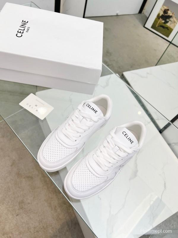 2025 Women Celine White Leather Sneakers Block Triomphe KFY00260