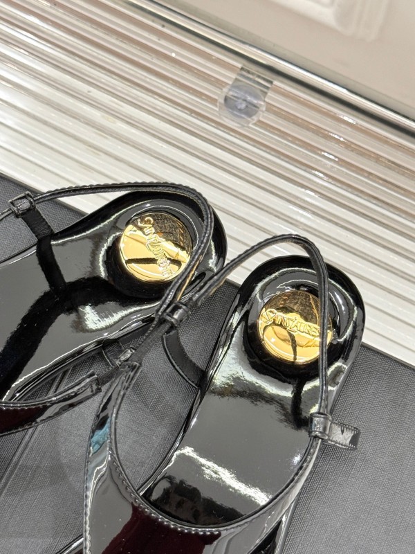 2025 Women Yves Saint Laurent Black Patent Leather Thong Sandals