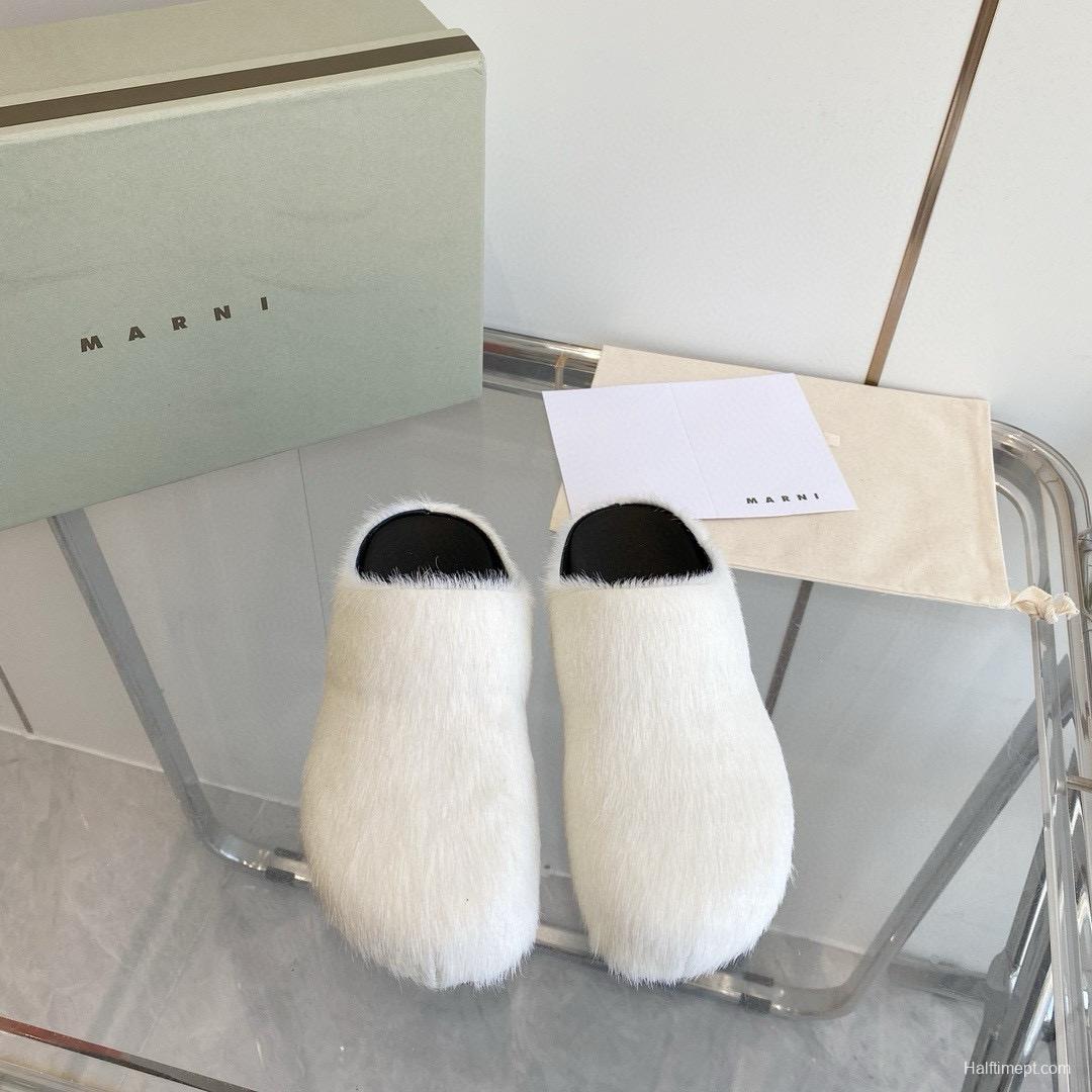 2024 Women Marni White Pony Hair Leather Mules MJ00320