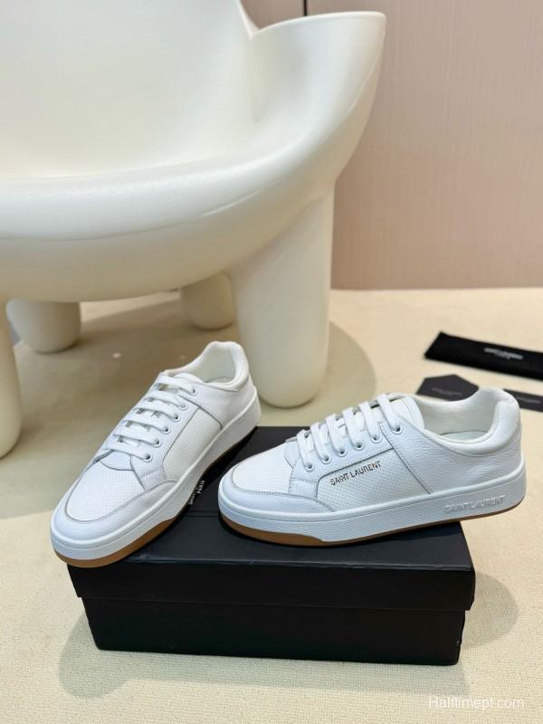2024 Unisex Yves Saint Laurent White Silk Leather Sneakers Gold Hole Punch MJ00350