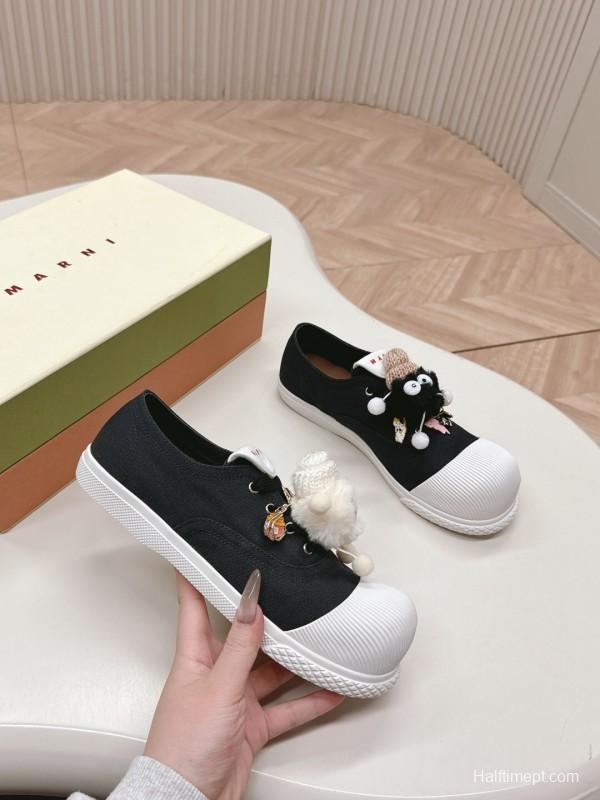 2025 Women Marni Black White Cotton Casual Lace-Up LY00250