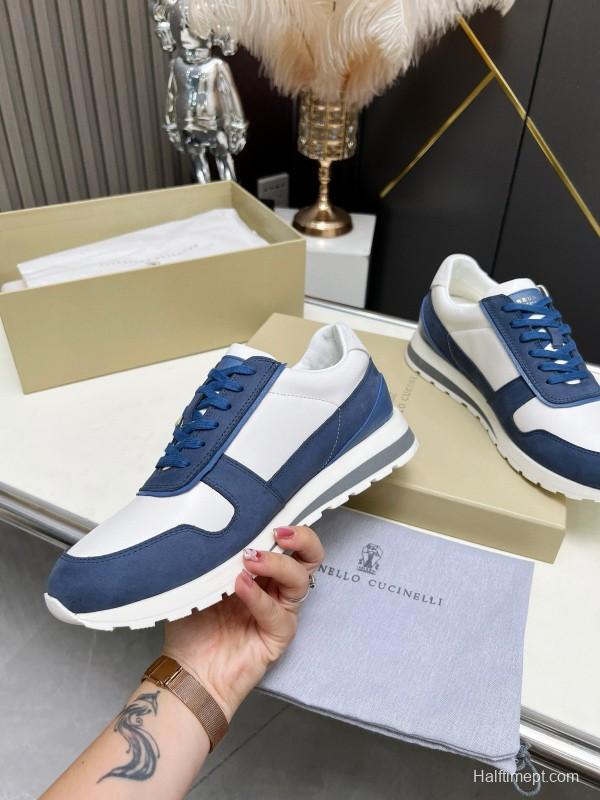 2024 Men Brunello Cucinelli Blue White Suede Calfskin Sneakers MJ00360