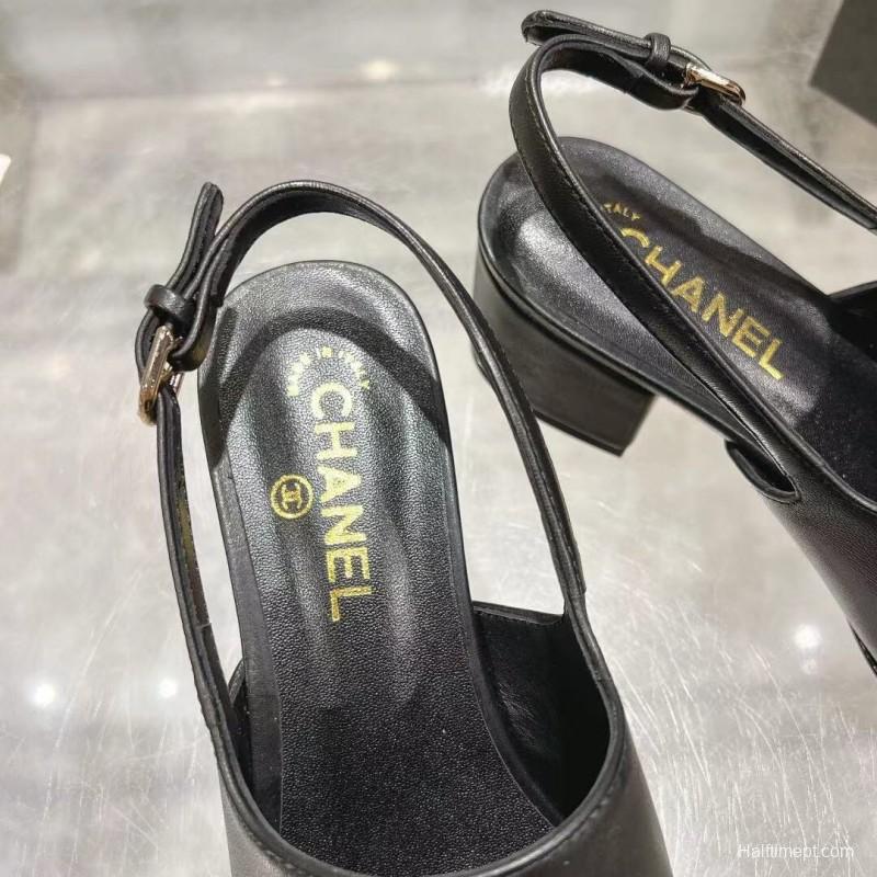 2025 Women Chanel Black Leather Slingback Heels LY00300