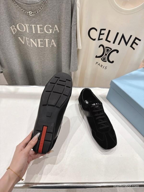 2025 Unisex Prada Black Suede Leather Casual Shoes KFY00300