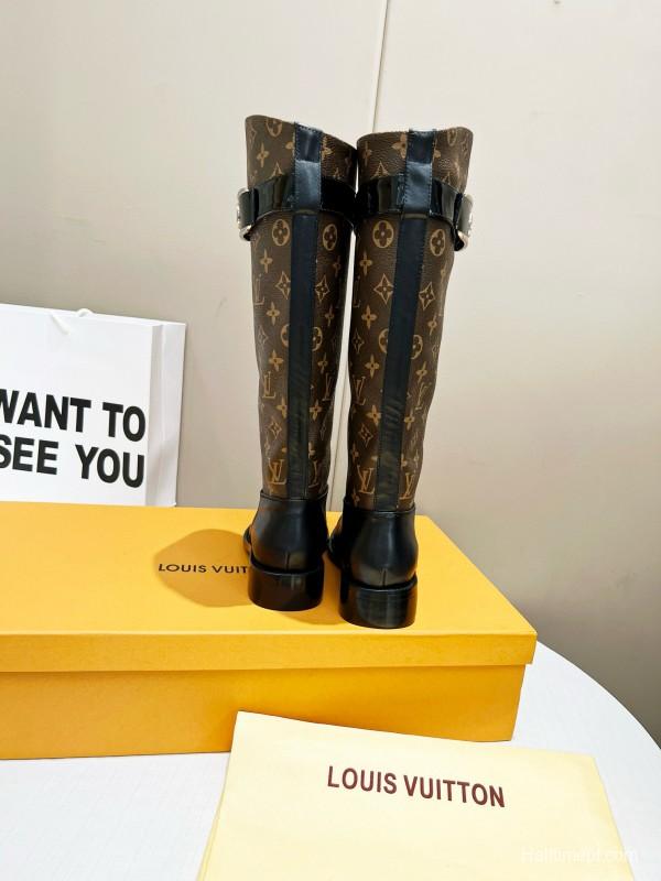 2024 Women Louis Vuitton Brown Black Leather Canvas Boots MJ00400