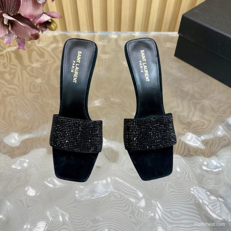 2025 Women Yves Saint Laurent Black Rhinestone Leather High Heel Sandals MJ00300