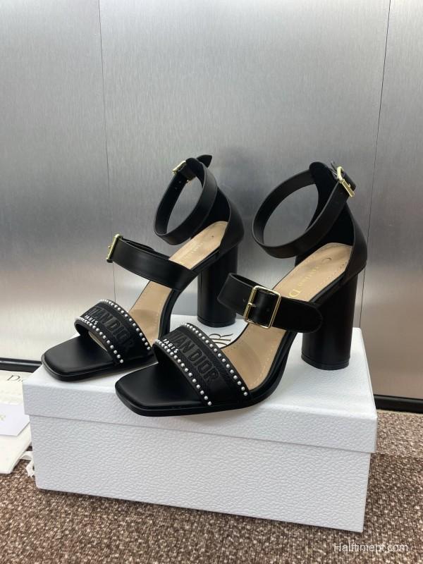 2025 Women Dior Black Leather High Heel Sandals Studded KFY00320