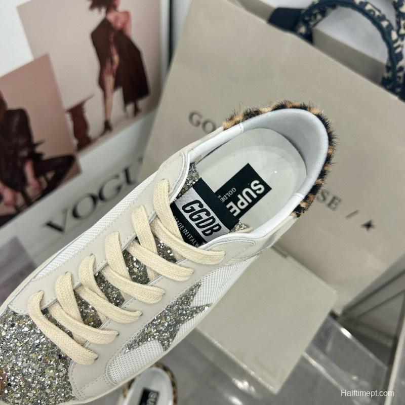 2025 Women GGDB White Silver Leather Glitter Sneakers