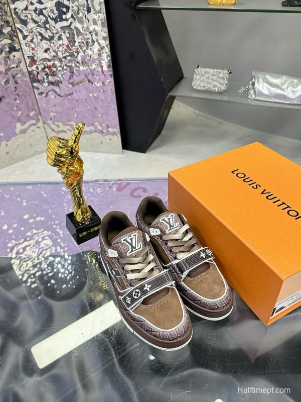 2024 Unisex Louis Vuitton Brown Silk Leather Denim Plimsolls Magic Tape MJ00410