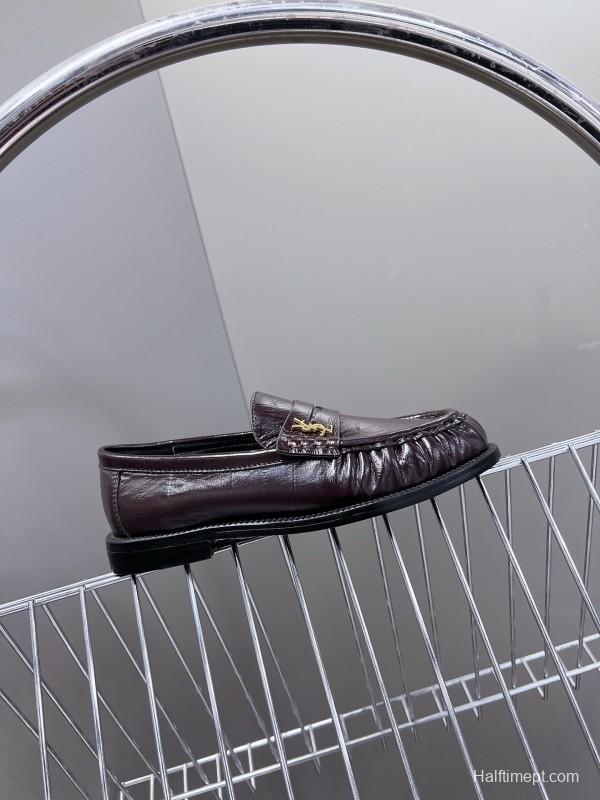 2025 Women Yves Saint Laurent Black Calf Leather Loafers KFY00350