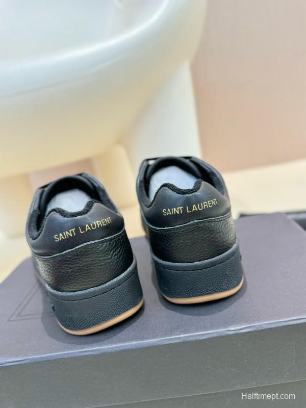 2024 Unisex Yves Saint Laurent Black Silk Grain Leather SL61 Casual Series Perforated MJ00350