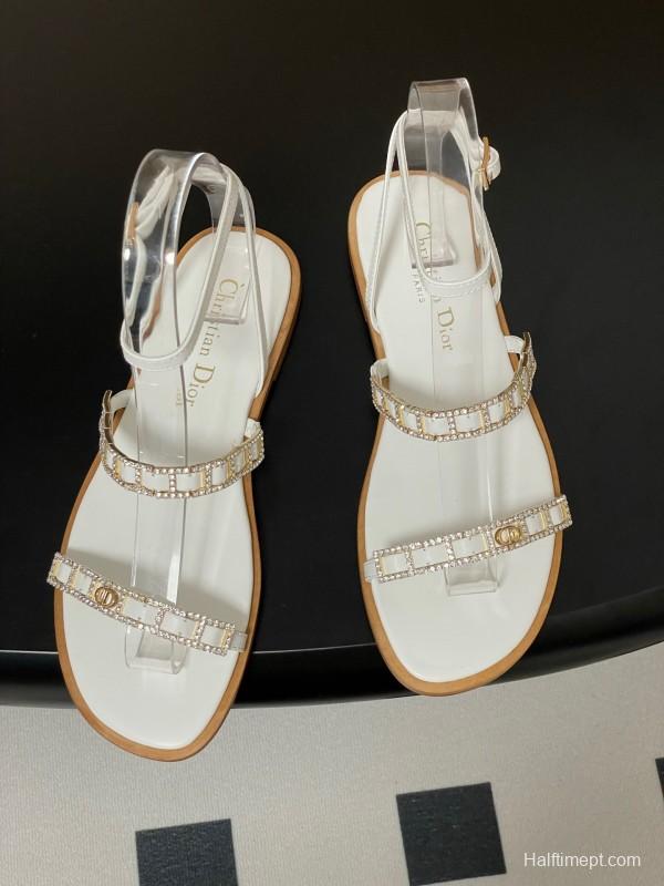 2025 Women Dior White Leather Flat Sandals Crystal Embellishment