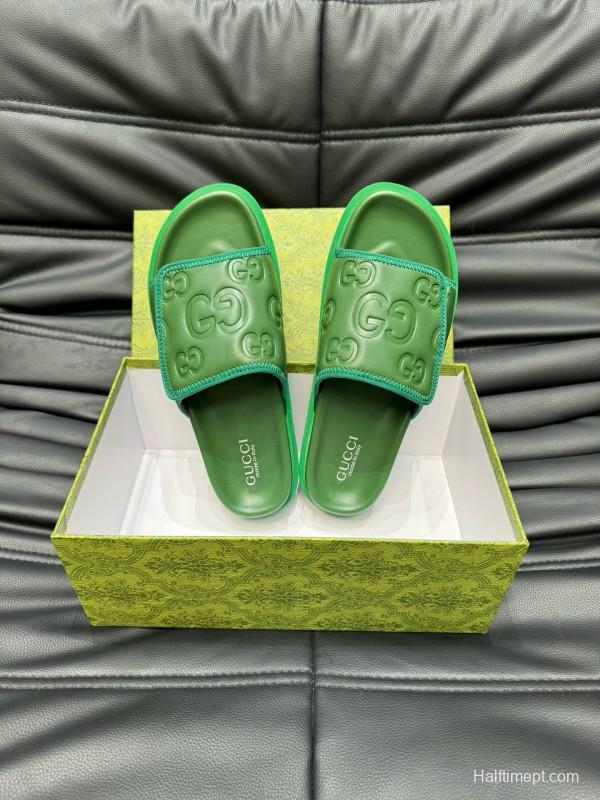 2024 Gucci Green Leather Slippers MJ00200