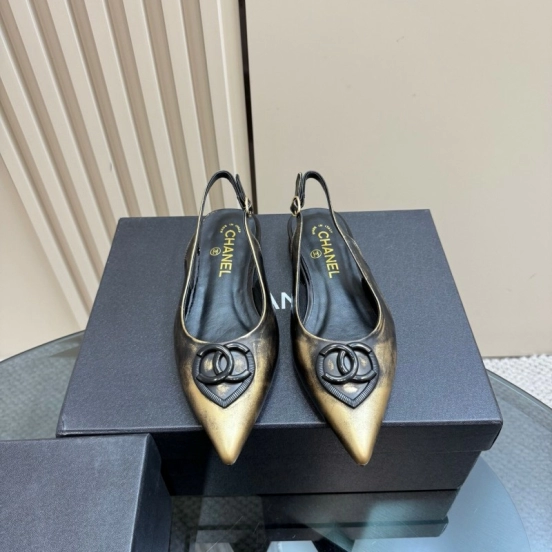 2025 Women Chanel Black Gold Satin Leather Sandals KFY00290