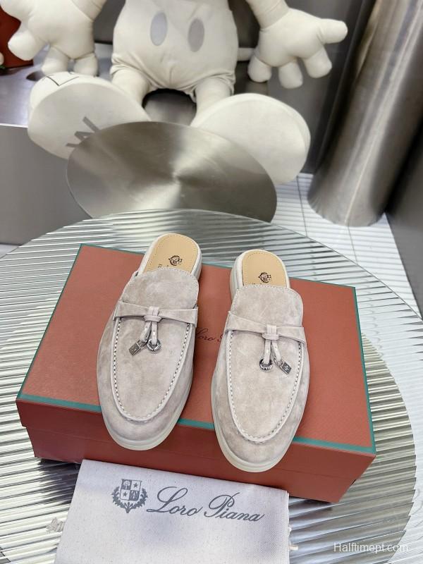 2024 Slippers Loro Piana Light Gray Suede Loafers MJ00270