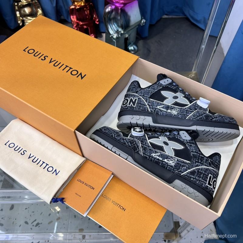 2025 Unisex Louis Vuitton Black Grey Leather Canvas Plimsolls Stitching LV0038