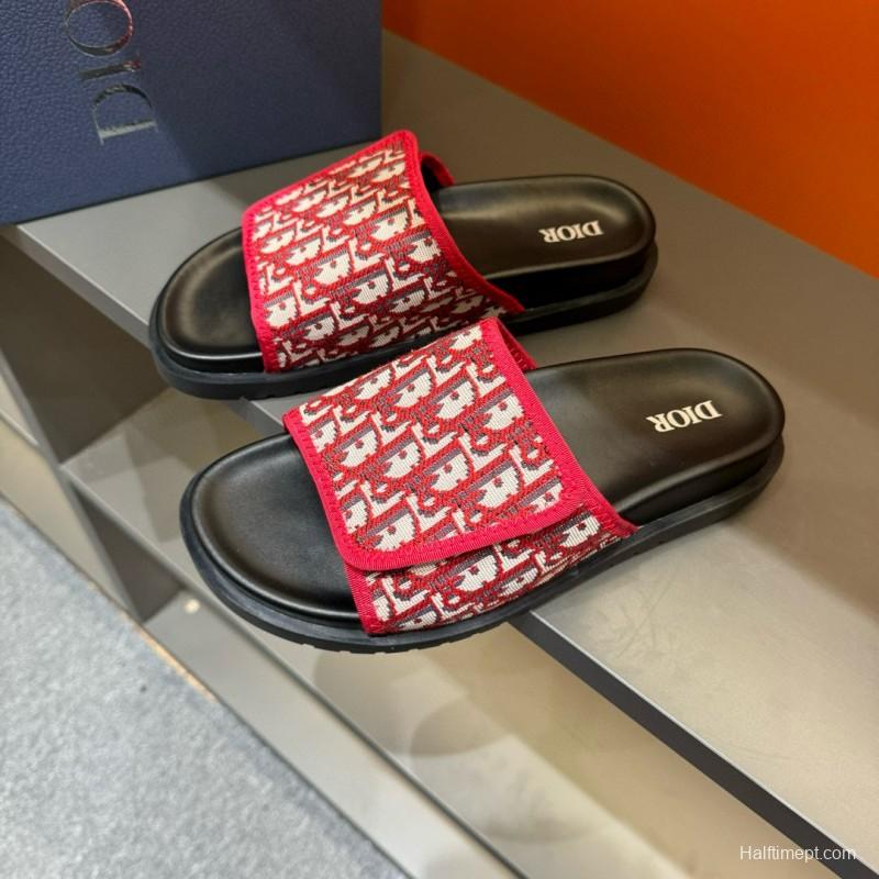 2024 Dior Red White Jacquard Slippers MJ00180