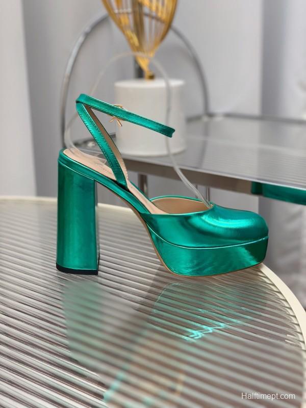 2025 Women Gianvito Rossi Metallic Green Leather Platform Sandals