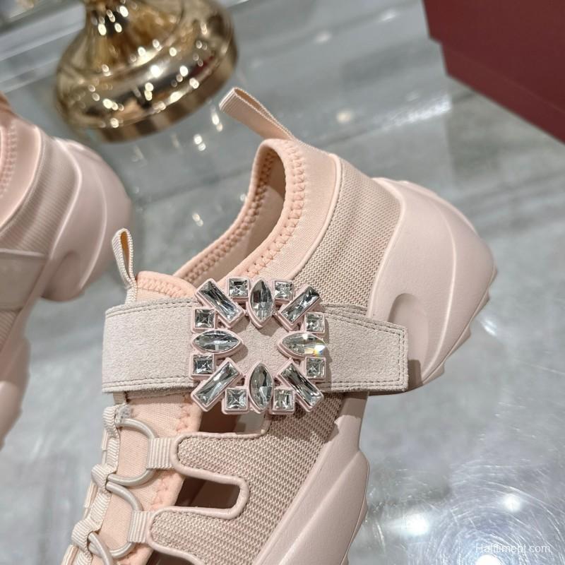 2025 Women Roger Vivier Pink Knit Suede Sneakers Crystal Buckle LY00300